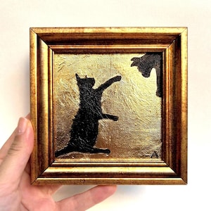 Black Cats Playing Original Oil Painting on Gold Leaf With Gold Frame 5x5 inch, Small Canvas Art, Small Painting, Oil painting Gold Leaf
