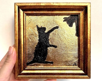 Black Cats Oil Painting on Gold Leaf: Framed Small Canvas Art