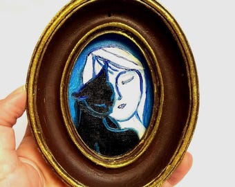 Framed Cat & Woman Oil Painting: Signed Abstract Canvas Art
