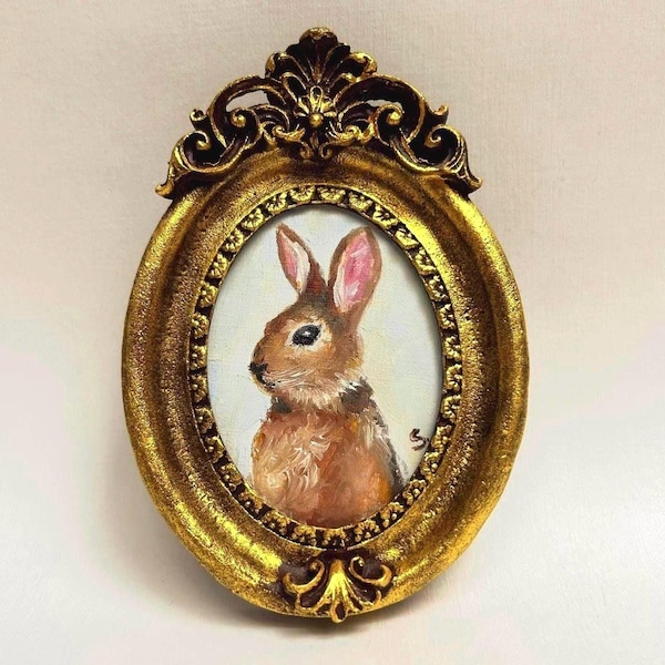 Original Signed Rabbit Oil Painting 4x5: Romantic Vintage Framed Art