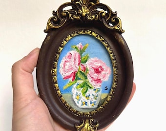 Original Signed Oil Painting: Pink Roses in Vase, Framed Vintage Art