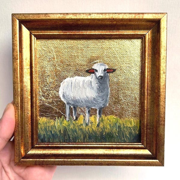 Original Signed Sheep Oil Painting on Gold Leaf - Vintage Framed Canvas Art