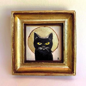 Black Cat Oil Painting: Romantic Vintage Art, Framed 4x4