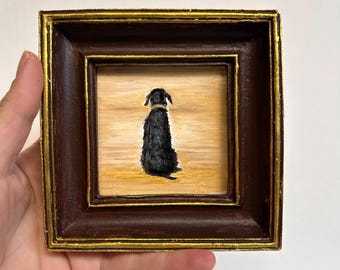 Framed Black Dog  Oil Painting: Signed Original Vintage Art