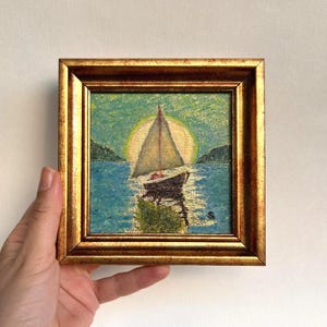 Sailboat at Sunset  Original Oil Painting on Gold Leaf With Gold Frame 4x4 inch, Small Canvas Art, Small Painting, Oil painting Gold Leaf