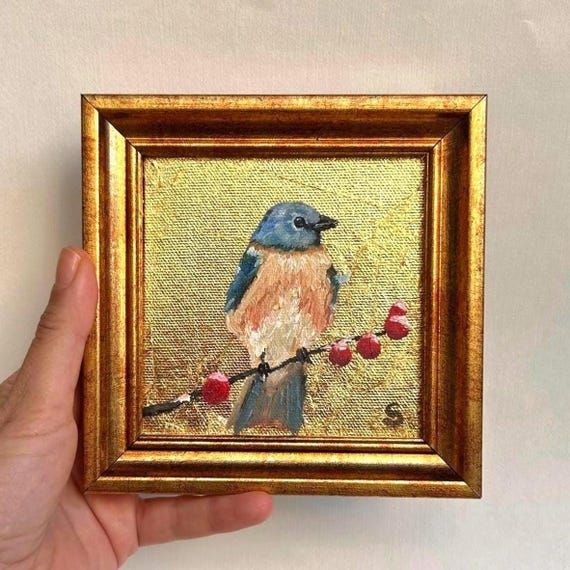 Signed Bird Oil Painting on Gold Leaf: Framed Vintage Canvas Art