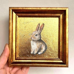 Signed Rabbit Oil Painting on Gold Leaf: Framed Vintage Canvas Art