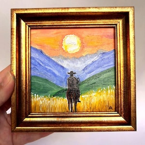 Cowboy at Sunset Oil Painting With Gold Frame - Small Canvas Art