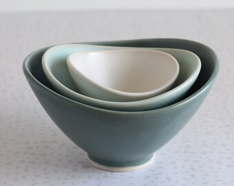 Mini Nesting Bowls - Dark teal, Sea foam , White - set of 3