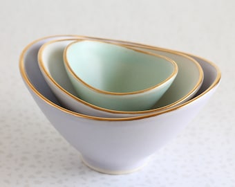 Mini Nesting Bowls - Gold Rim - Lilac, White, and Sea foam - set of 3