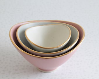 Mini Nesting Bowls w/ GOLD rim - Pink, Gray , White - set of 3