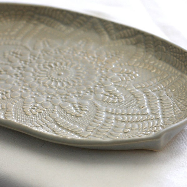 Handmade Pottery Tray - Soft Gray Lace - Ceramic Appetizer Plate - Serving Tray