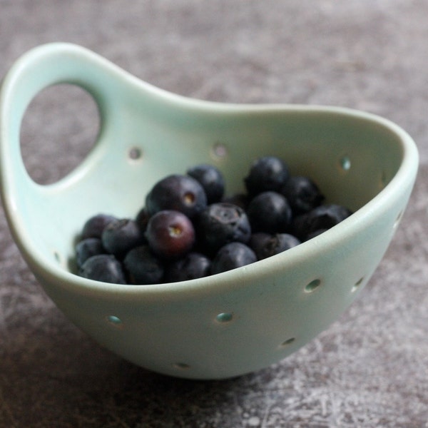 Pottery Berry Bowl with Handle - Small in Seafoam Green - Ceramic Colander