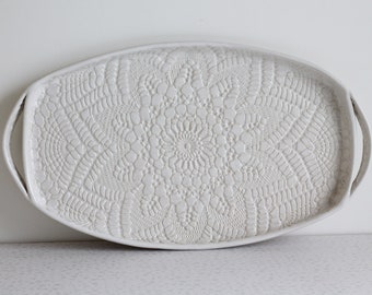 Handmade Pottery Tray - White Lace - Ceramic Appetizer Platter - Serving Tray