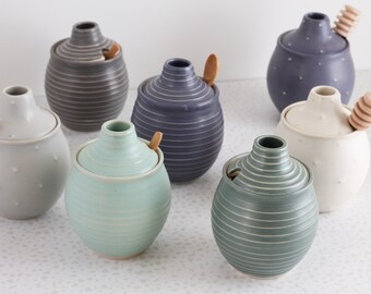 Sugar Bowl With Grooved Texture - Pottery mini honey pot - Stripes