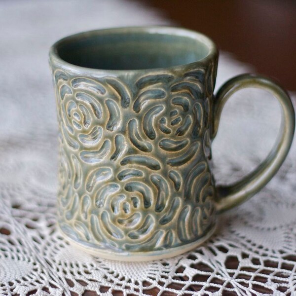 Warm Pottery Coffee Mug in Dark Olive Green Rose Carved