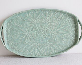 Handmade Pottery Tray - Seafoam Green Lace - Ceramic Appetizer Plate - Serving Tray