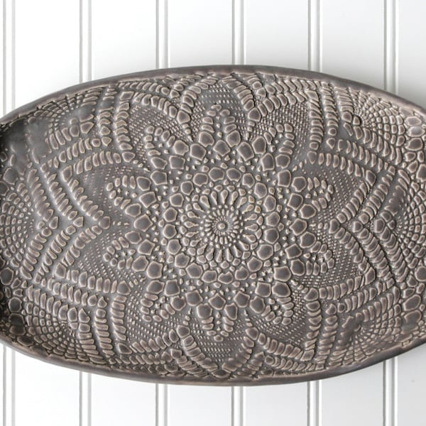 New! Charcoal Pottery Tray - Deep Gray Lace - Ceramic Appetizer Plate - Serving Tray