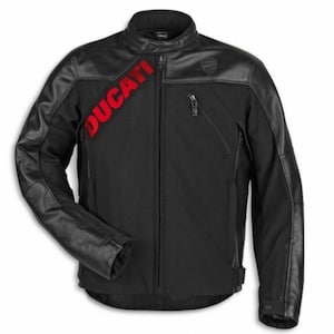 May include: Black motorcycle jacket with leather accents on the shoulders and sleeves. The word "DUCATI" is displayed in red across the chest. Features a zippered front closure, a small chest pocket, and a stand-up collar.