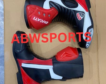 Ducati Red & white Leather Motorcycle Boots for Men | CE Armored Racing and Track Riding Boots