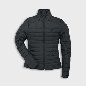 May include: A black quilted jacket with a high collar and a full-length zipper. The jacket has a subtle logo on the chest and features horizontal stitching across the body and sleeves. The jacket is designed for a sleek, streamlined fit.