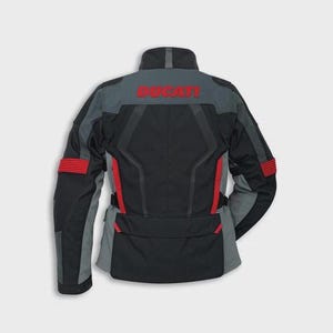 May include: Black and gray motorcycle jacket with red accents. The jacket features the word "DUCATI" in red across the upper back. The jacket has a high collar and multiple panels for a tailored fit.