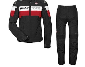 Tuta da moto Ducati Corse Tex C5 da donna – Rosso e nero / Tessuto Cordura / Equipaggiamento protettivo da corsa con armatura CE