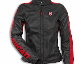 Giacca da moto da donna Ducati Company C4 – Rossa e nera / Pelle di vacchetta / Abbigliamento da corsa con armatura CE