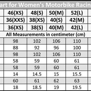 May include: Size chart for a women's motorbike racing jacket. Measurements are in centimeters. Includes chest, waist, bottom, front and back length, shoulder width, sleeve length, and cuff measurements. Sizes range from XS to 4XL for Europe, and 36(XXS) to 50(3XL) for USA/Canada.