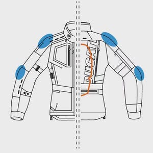 May include: Line drawing of a motorcycle jacket with the word "DUCATI" printed on the back. The jacket is white with black lines and orange accents. Blue circles highlight the areas of protection on the jacket.