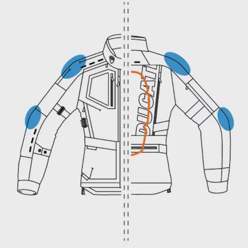 May include: Line drawing of a motorcycle jacket with the word "DUCATI" printed on the back. The jacket is white with black lines and orange accents. Blue circles highlight the areas of protection on the jacket.