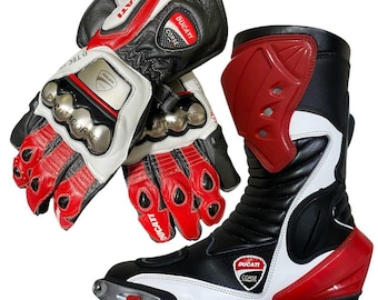 Conjunto de cuero de carreras rojo y blanco para Ducati C6: botas y guantes de moto para hombre / Piel de vacuno auténtica / Equipamiento de conducción Ducati Corse