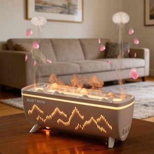 May include: A beige aromatherapy diffuser with the brand name "MAKTWOW" on the front. The diffuser has a mountain-shaped design with cut-out lights. It emits steam and has a jellyfish-like design with pink petals floating above it. The diffuser sits on a wooden table.