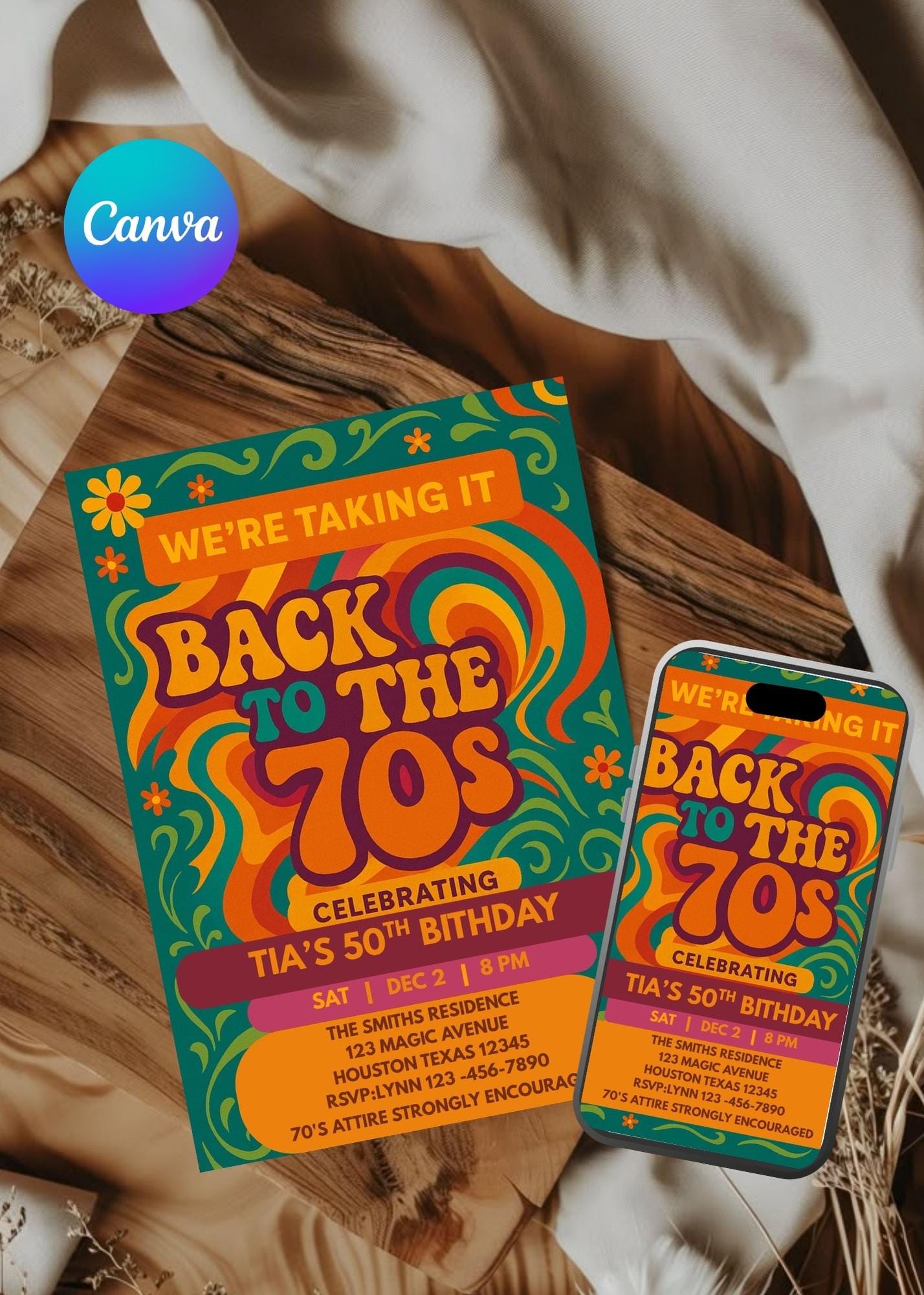 70s Theme Birthday Invitation | Back to the 70s Party Invite | Editable Canva Template | Printable & Phone Version | Digital Download