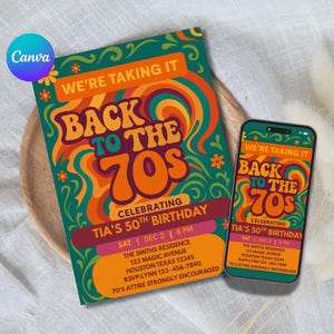 70er Jahre Geburtstagseinladung | Zurück zur 70er Jahre Party einladen | Bearbeitbare Canva Vorlage | Printable & Telefon Version | Digitaler Download