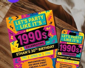 90s Theme Birthday Invitation | Editable Printable & Phone Version | Retro 1990s Party Invite | Digital Download Canva Template
