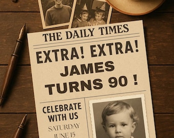 90th Birthday Invitation – Editable Retro Birthday Party Invite for Him – Faux Newspaper Printable – Instant Download PDF