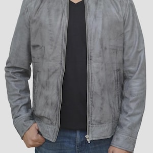 Hand Crafted Mens Genuine Leather Gray Bomber Jacket | Vintage Gray Distressed Lambskin Bomber Jackets for Men.