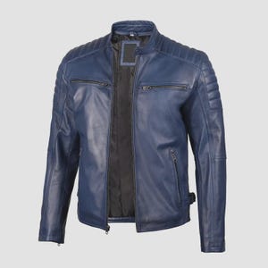 Men&#39;s Vintage Blue Leather Jacket - Genuine Lambskin Biker Style - Blue Retro Motorcycle Jacket - Fully Lined for Comfort