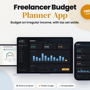 Pode incluir: Uma interface digital para o aplicativo Freelancer Budget Planner exibida em um laptop, tablet e smartphone. As telas mostram painéis financeiros com gráficos de renda, rastreamento de impostos e resumos de orçamento. O texto inclui Free Demo, Phone & computer, Private, no login e No subscription.