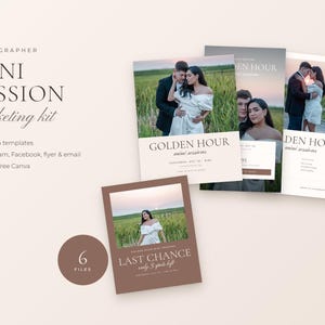 Könnte beinhalten: Ein Marketing-Kit für Mini-Fotoshootings mit sechs Canva-Vorlagen für Instagram, Facebook, Flyer und E-Mail. Die Vorlagen zeigen Fotos eines Paares auf einem Feld mit Texten wie "Golden Hour" und "Last Chance only 3 spots left."