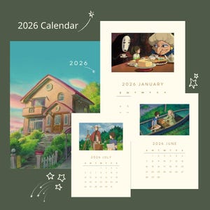 May include: A 2026 calendar featuring illustrations from an animated film. The calendar includes images of a house, characters, and scenes from the film. The words "2026 Calendar" and the year "2026" are also visible.