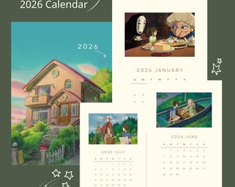 Kalendarz w stylu Studio Ghibli na rok 2026 – poziomy ilustrowany kalendarz ścienny, do druku i w wersji cyfrowej