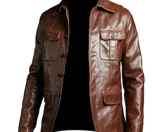 Men’s Brown Genuine Leather Field Jacket Classic Button Front Casual Outerwear