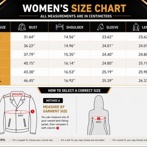 May include: A Women's Size Chart with measurements in centimeters. The chart includes sizes XS to XXL, with bust, shoulder, sleeve, and length measurements in inches. Diagrams illustrate how to measure for the correct size.