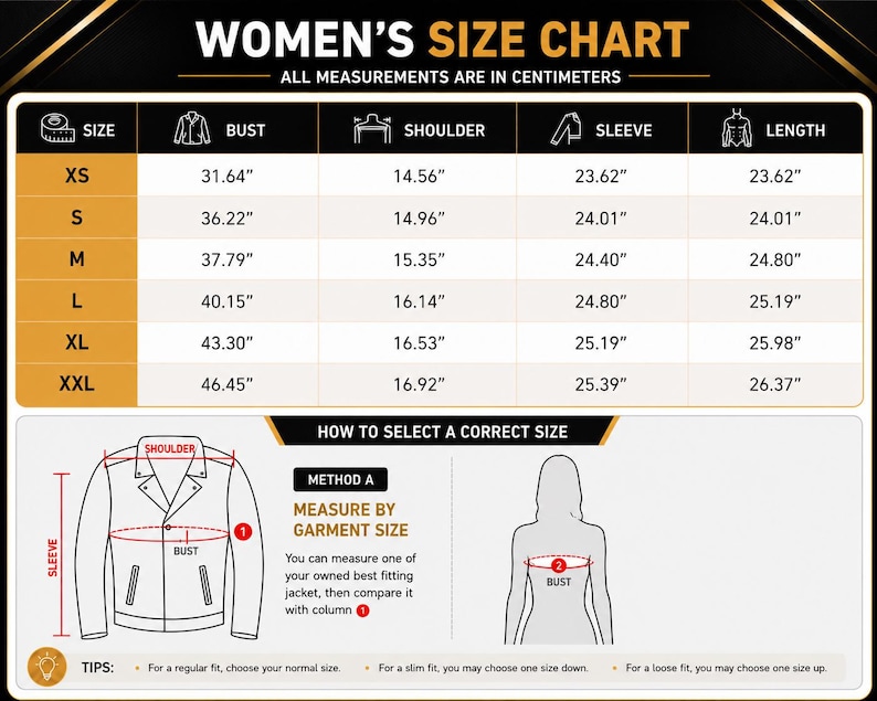 May include: A Women's Size Chart with measurements in centimeters. The chart includes sizes XS to XXL, with bust, shoulder, sleeve, and length measurements in inches. Diagrams illustrate how to measure for the correct size.