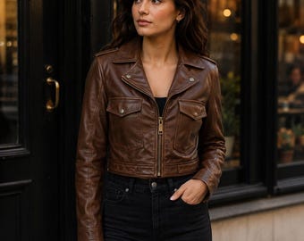 Women Brown Leather Cropped Jacket Classic Biker Style Stylish Everyday Moto Wear