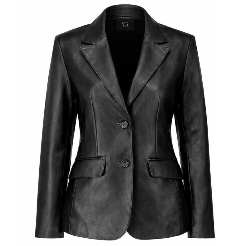 May include: A black leather blazer with a notched lapel, two front pockets, and two-button closure. The blazer has long sleeves and a tailored fit. The brand logo "VG" is visible on the upper back of the blazer.