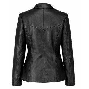 May include: A black leather jacket with a classic design. The jacket features a notched collar, long sleeves, and a tailored fit. The back of the jacket has a decorative yoke detail. The jacket is made of a smooth, matte leather.