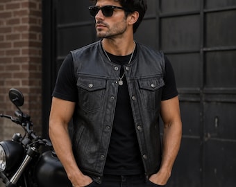 Mens Leather Biker Vest Motorcycle Riding Waistcoat Black Snap Front Classic Rider Style